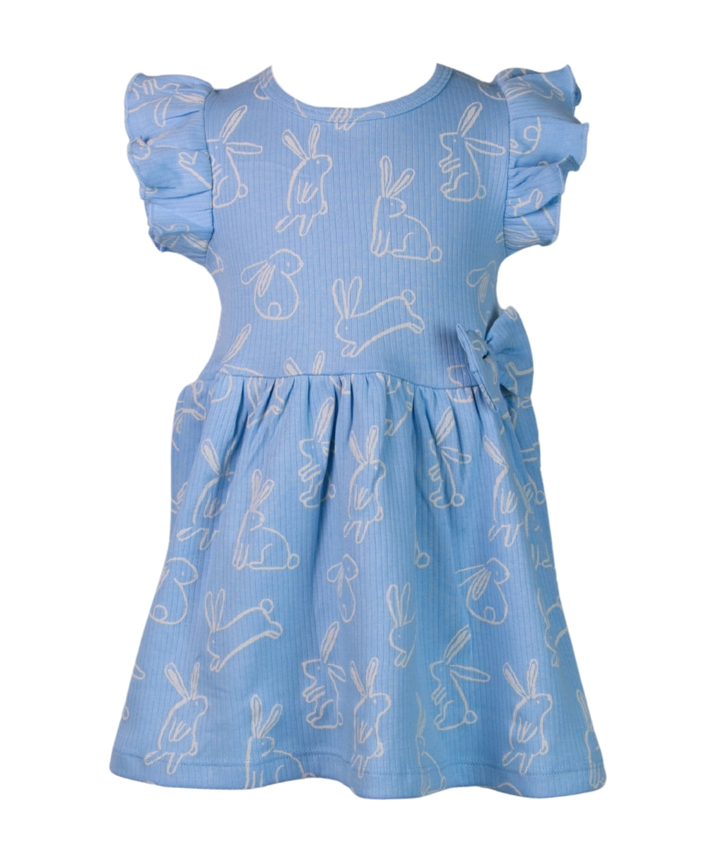 Hoppy Tales - Blue Frock with Cute Bunnies – 100% Cotton Baby Girl Frock – Toddler Frill Sleeve Dress