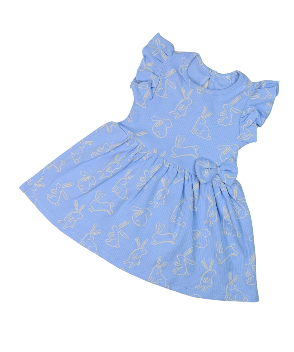 Hoppy Tales - Blue Frock with Cute Bunnies – 100% Cotton Baby Girl Frock – Toddler Frill Sleeve Dress