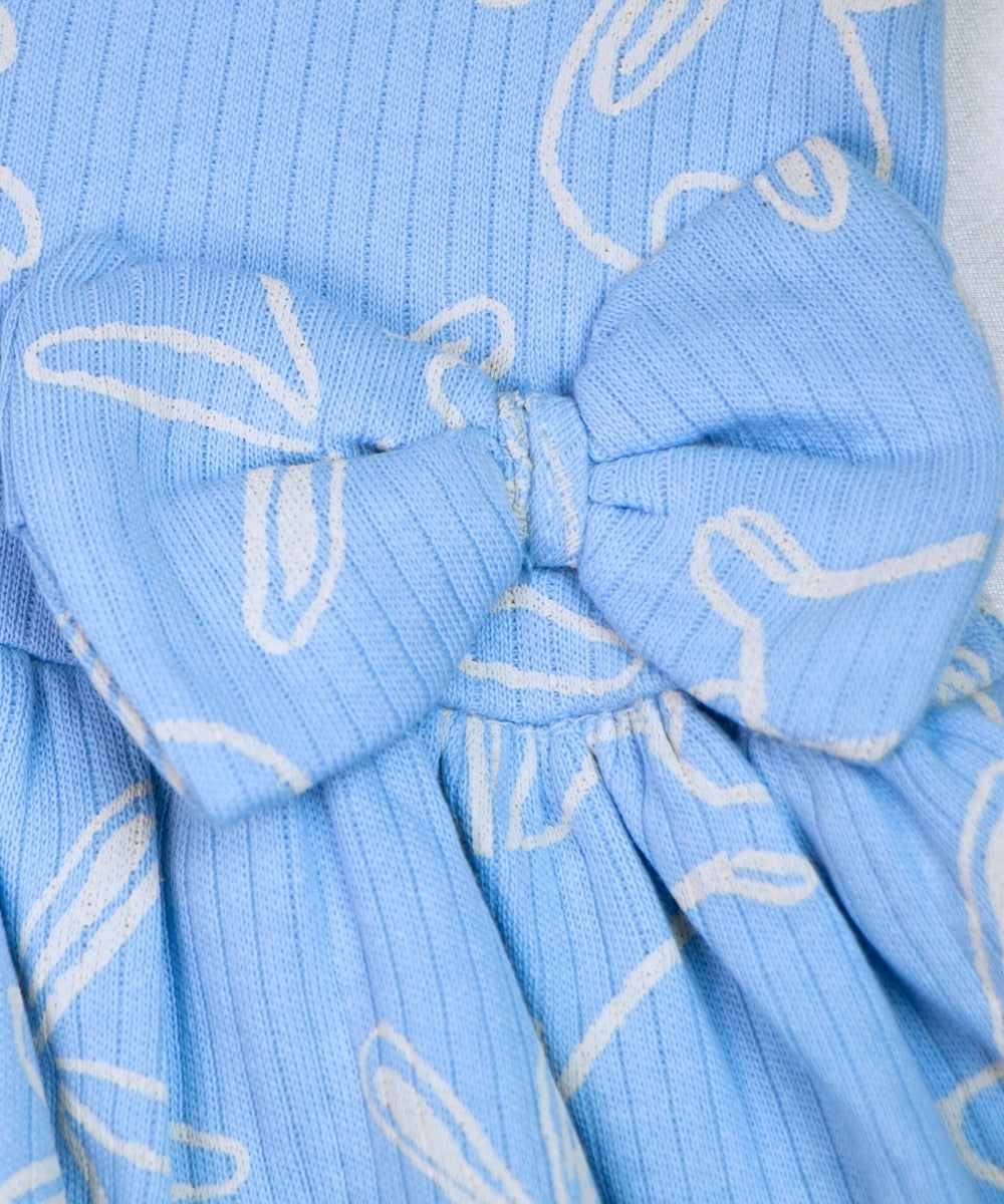 Hoppy Tales - Blue Frock with Cute Bunnies – 100% Cotton Baby Girl Frock – Toddler Frill Sleeve Dress