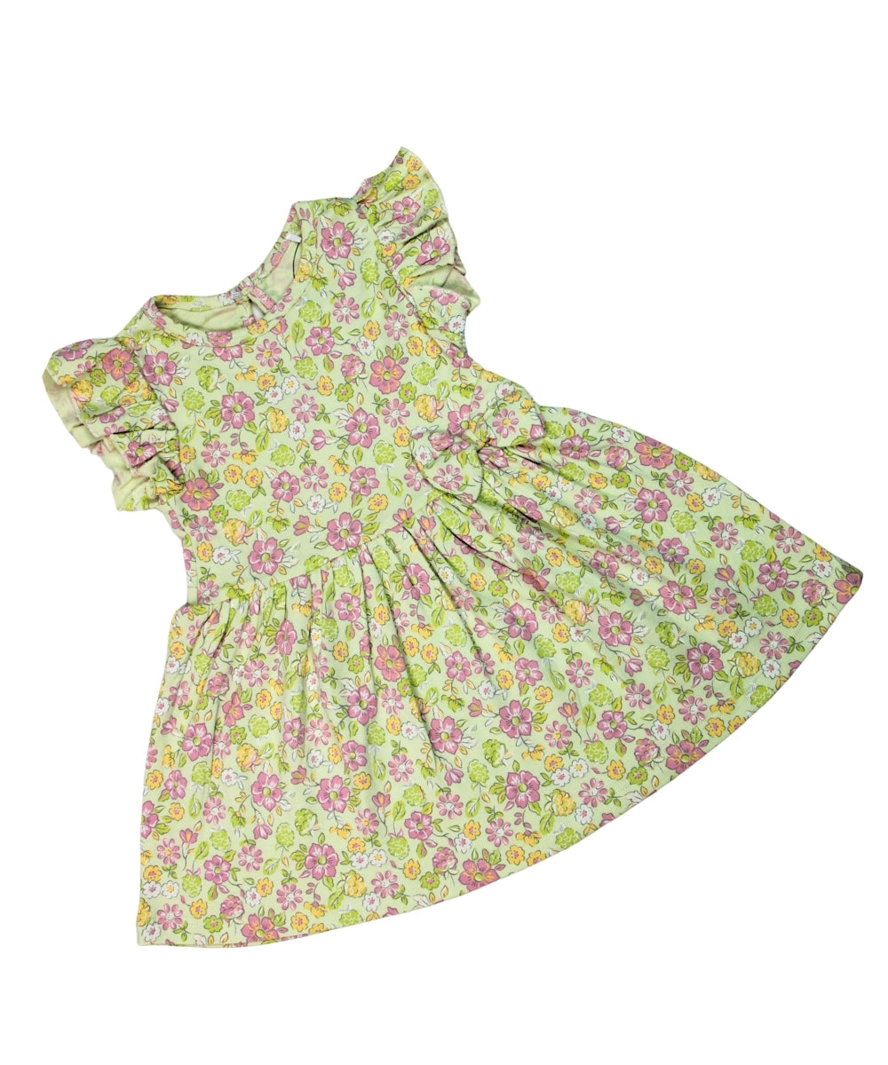 Floral Whirl - Green & Pink Florals – 100% Cotton Baby Girl Frock – Toddler Frill Sleeve Dress