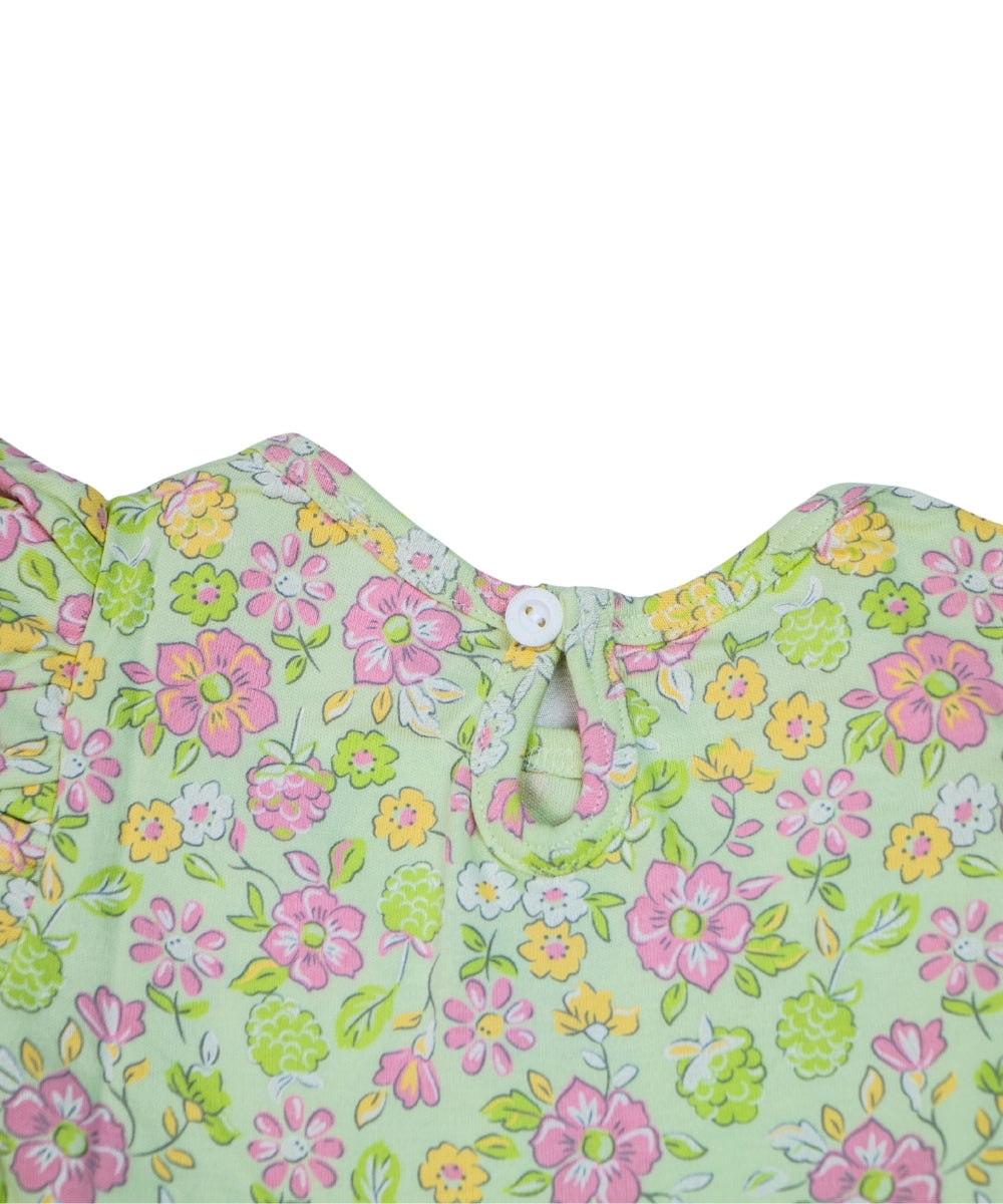 Floral Whirl - Green & Pink Florals – 100% Cotton Baby Girl Frock – Toddler Frill Sleeve Dress