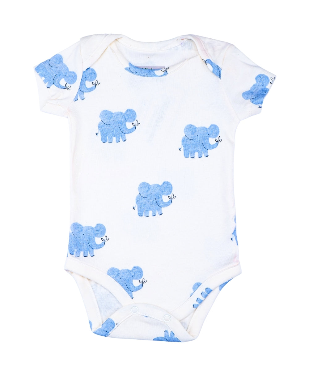 Ele-Fun Time – White Baby Onesie with Blue Elephant Print – 100% Cotton Bodysuit