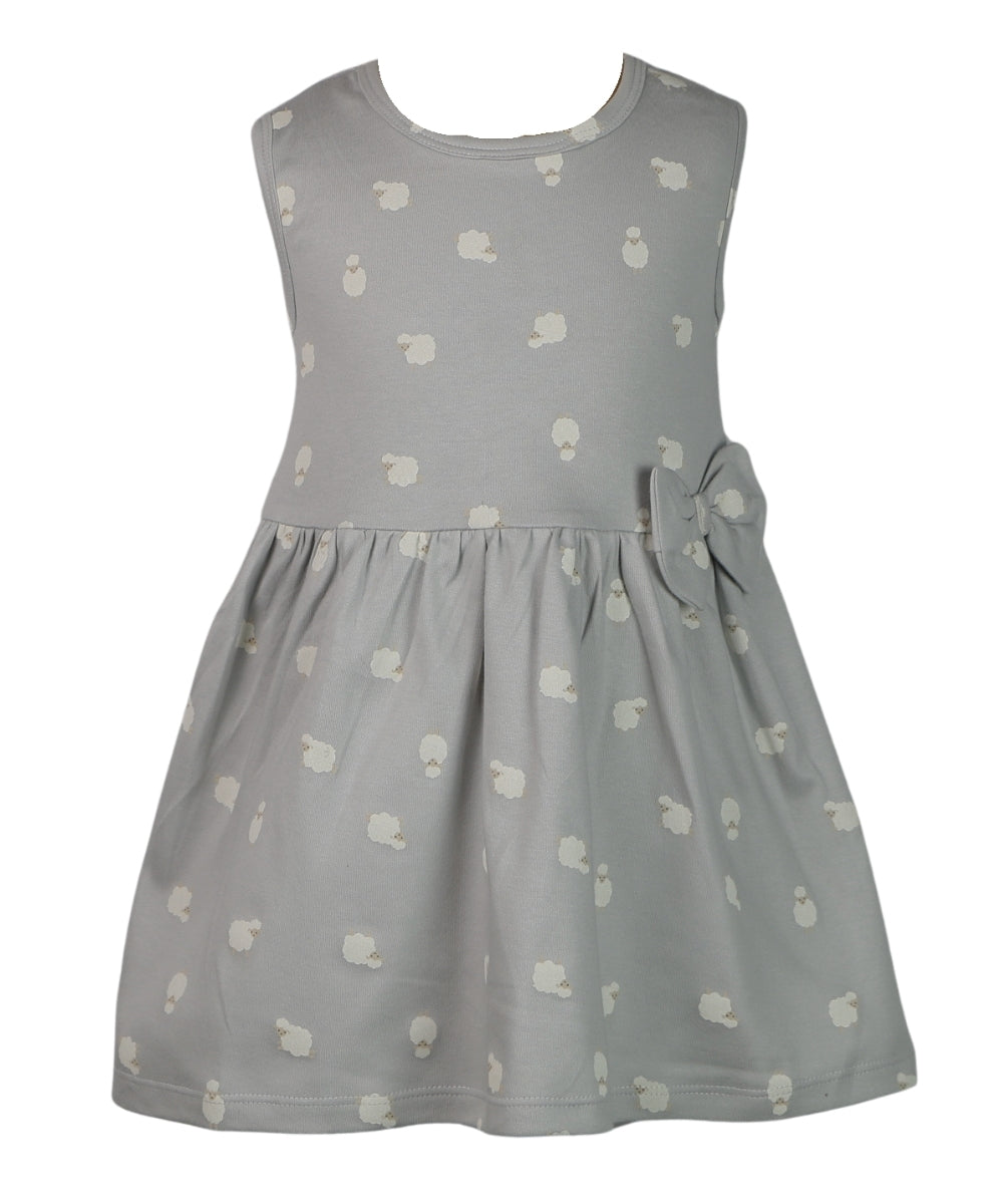 Little Lamb Love – Grey Frock with Chubby White Lambs Print – 100% Cotton Baby Girl Dress