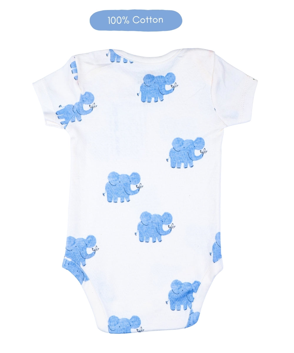 Ele-Fun Time – White Baby Onesie with Blue Elephant Print – 100% Cotton Bodysuit