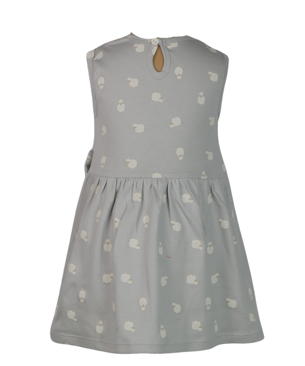 Little Lamb Love – Grey Frock with Chubby White Lambs Print – 100% Cotton Baby Girl Dress