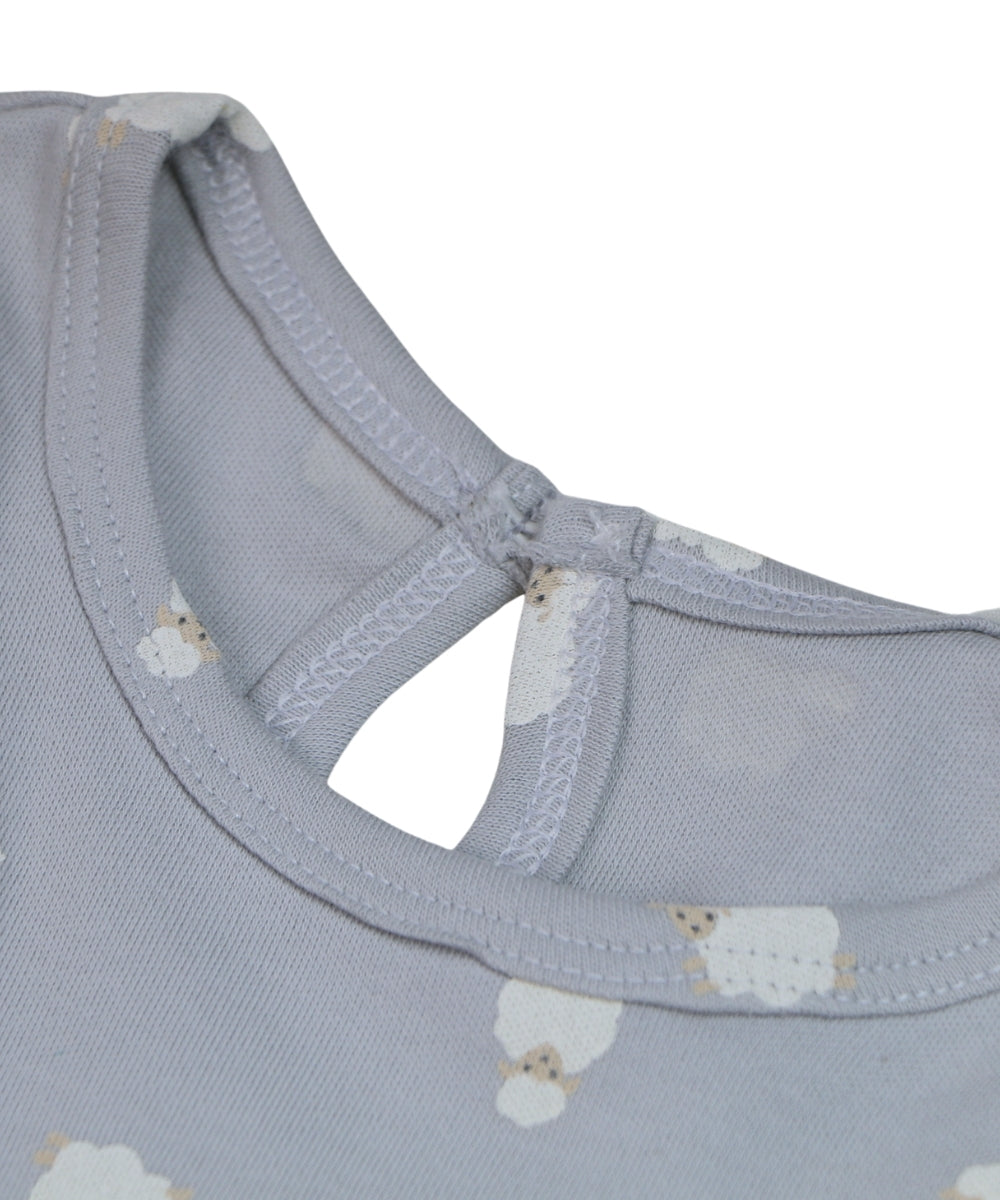 Little Lamb Love – Grey Frock with Chubby White Lambs Print – 100% Cotton Baby Girl Dress