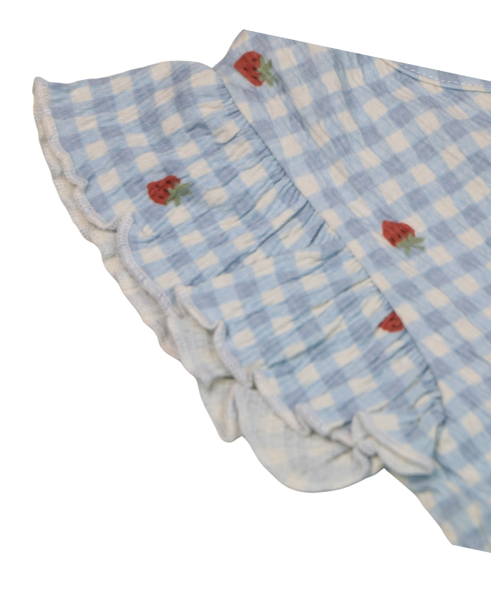 Berry Checks - Mild Blue Checks with Strawberry Print – 100% Cotton Baby Girl Frock – Toddler Summer Frill Sleeve Dress