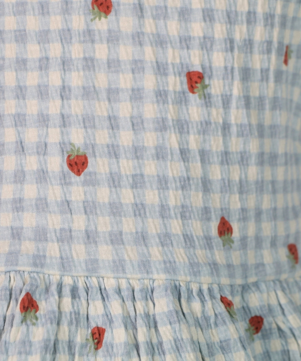 Berry Checks - Mild Blue Checks with Strawberry Print – 100% Cotton Baby Girl Frock – Toddler Summer Frill Sleeve Dress