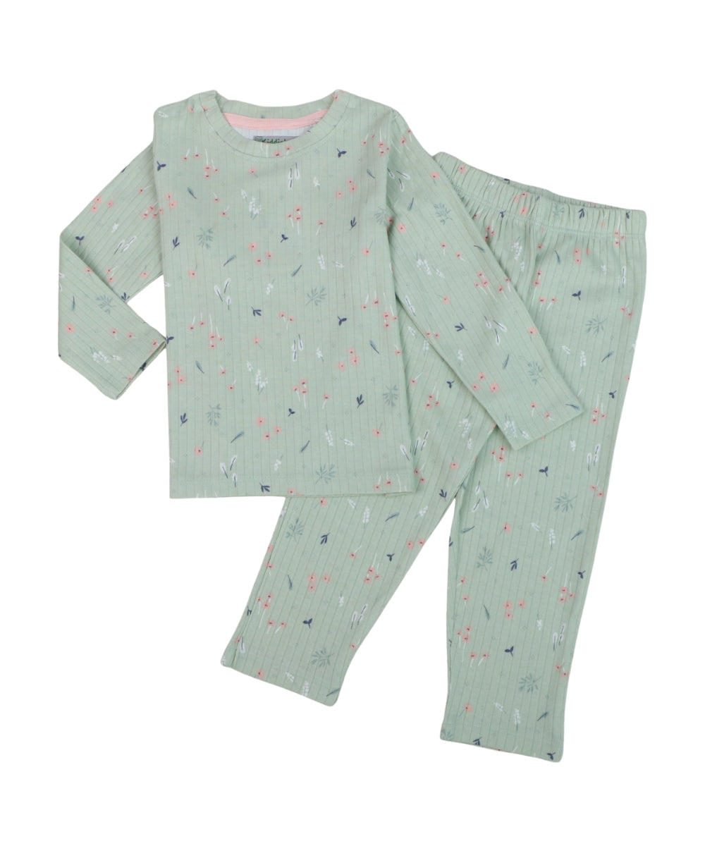 Green Floral Cotton Co-ord Set for Girls – Full Sleeve Top and Pants with Tiny Pink Flowers