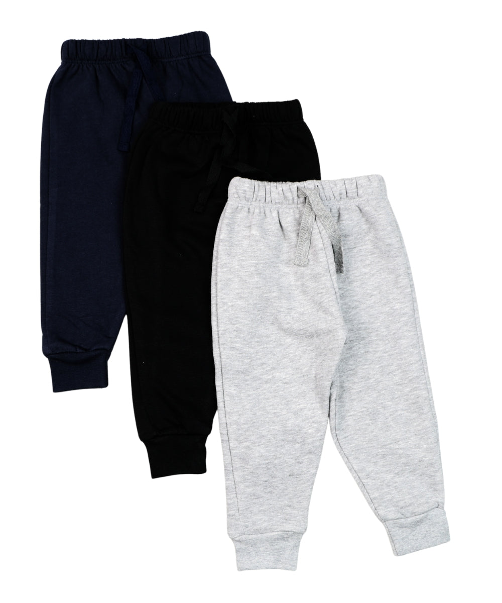 Set of 3 Cotton Track Pants – Black, Grey & Blue Solid Colors – Comfortable Daily Wear for 3M–5Y