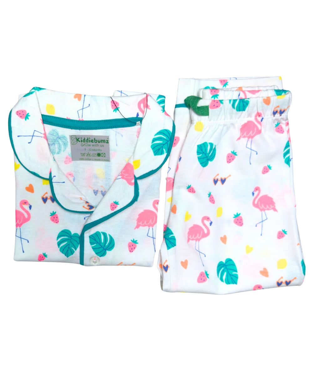 Flamingo Fiesta Girls’ Co-ord Set – Open Collar Shirt and Pyjamas - 100% Cotton
