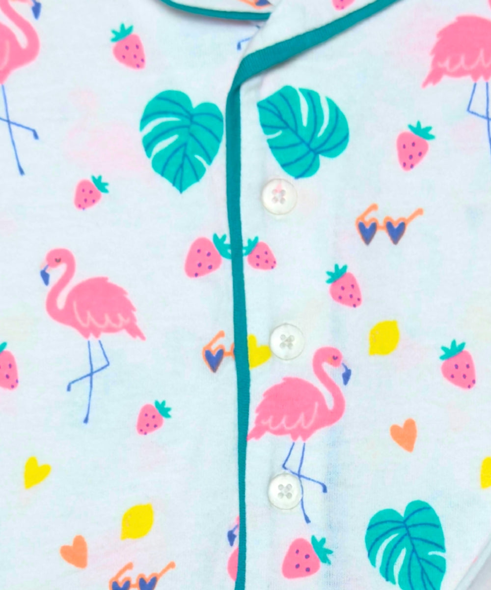 Flamingo Fiesta Girls’ Co-ord Set – Open Collar Shirt and Pyjamas - 100% Cotton